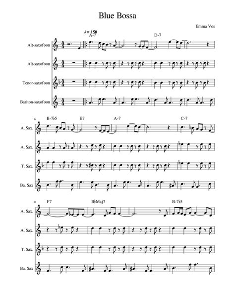 Blue Bossa Quartet Sheet Music For Saxophone Alto Saxophone Tenor