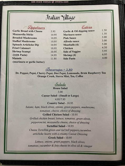 Menu at Italian Village restaurant, Corsicana