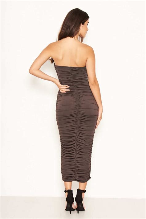 Grey Strapless Ruched Bodycon Midi Dress Ax Paris