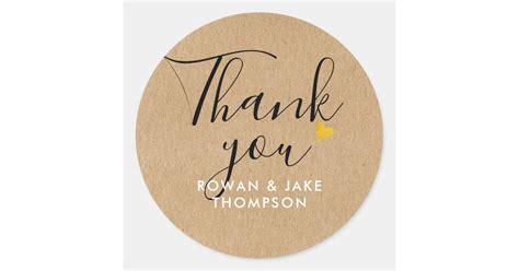 Elegant Script Gold Heart Rustic Kraft Thank You Classic Round Sticker