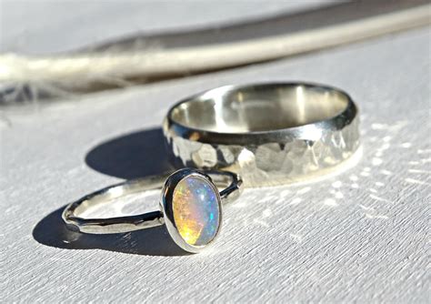 Silver Opal Ring Set Opal Bridal Ring Set Opal Engagement Etsy