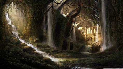 Hd Wallpaper Cave Illustration Abandoned Waterfall Ruin Flowers