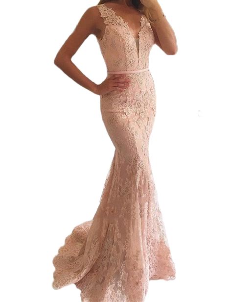 Womens Sheer V Neck Lace Appliqued Mermaid Evening Prom Dresses Long