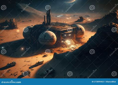 Scifi Moon Base With Futuristic Advance Structure Design On Alien Planet Stock Illustration