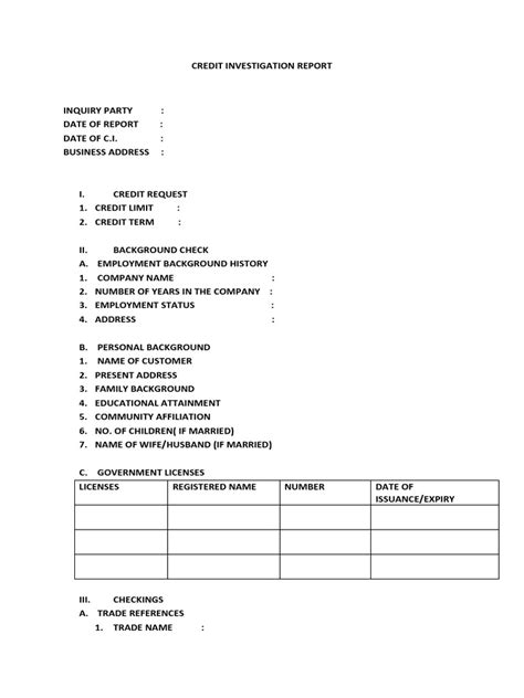 Credit Investigation Report Template Pdf