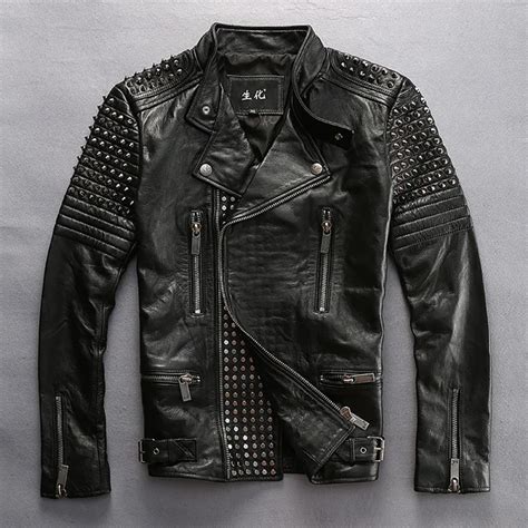 Aliexpress Buy Punk Style Rivet Slim Fit Genuine Leather Jacket