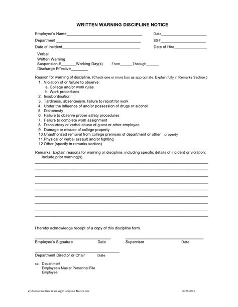 Printable Disciplinary Write Up Forms