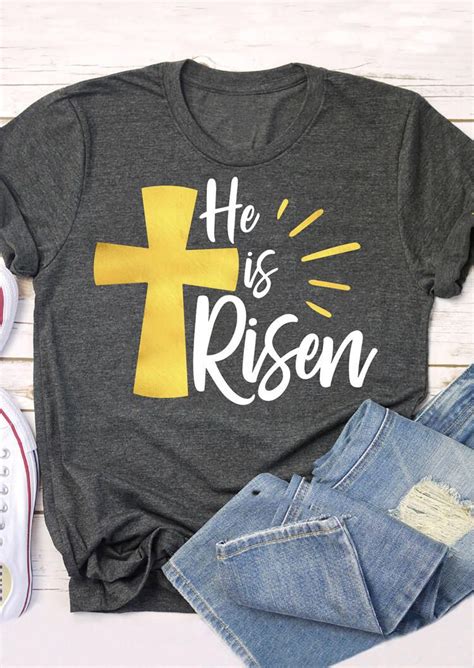 Easter Day Sequined Cross He Is Risen T Shirt Tee Gray Tee Shirts