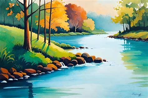 Premium AI Image | A painting of a river with trees and a river with a river in the background.