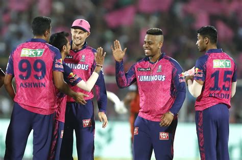 Rajasthan Royals players celebrate the wicket of Abhishek Sharma ...