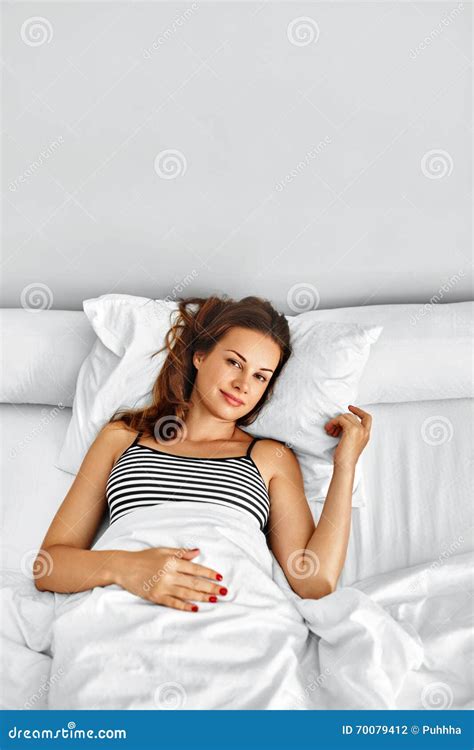 Morning Healthy Woman After Wake Up Relaxing In Bed Wellness Stock