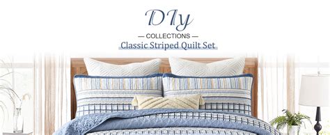 Amazon DJY Navy Blue Striped Quilt Queen Size Boho Blue Tan