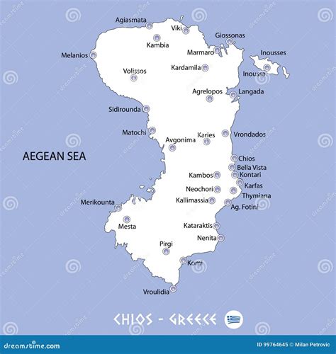 Island Of Chios In Greece White Map And Blue Background Illustration