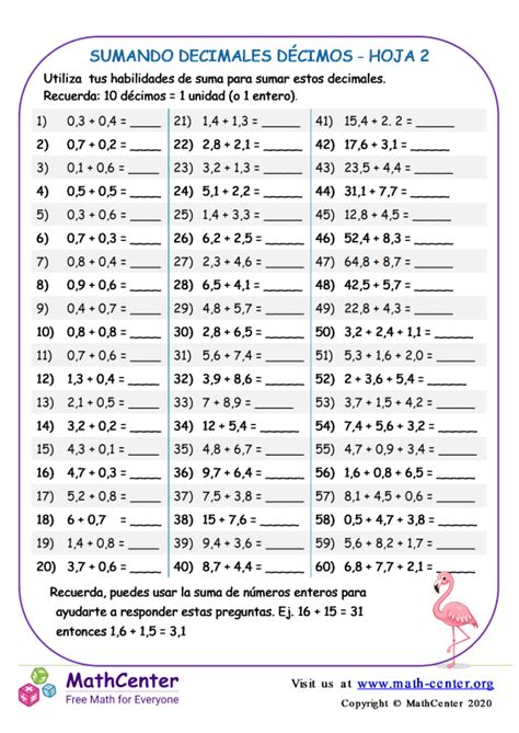 Cuarto Grado Hojas De Trabajo Sumar Decimales Math Center