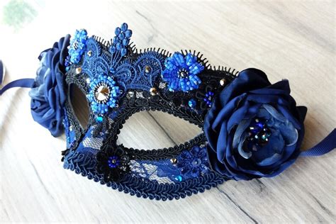 Navy Blue Masquerade Mask For Women Wedding Flower Carnival Etsy