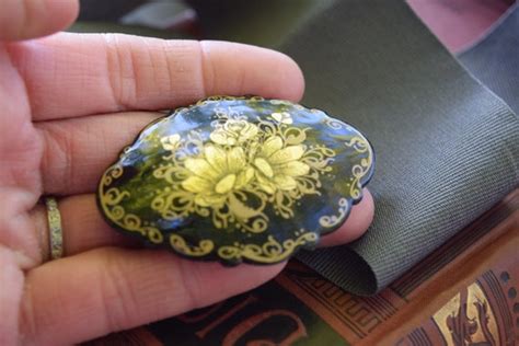 Vintage Russian Handpainted Brooch Black Lacquered G Gem