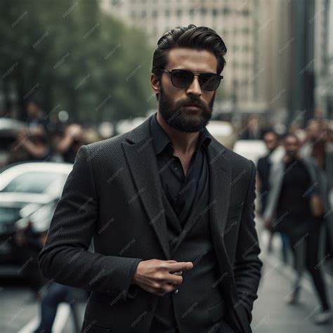 Premium Photo A Young Hipster Man In Black Suit Black Beard And