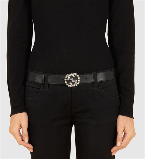 Gucci Black Leather Belt With Crystal Interlocking G Buckle In Black Lyst