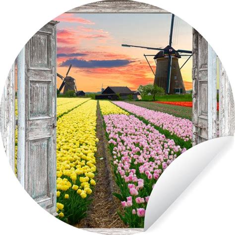 WallCircle Muurstickers Behangcirkel Doorkijk Tulpen Molen