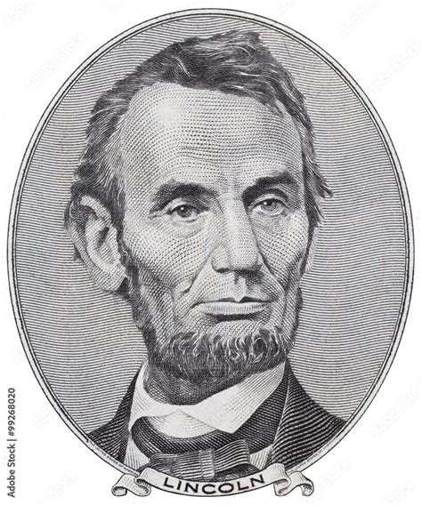 President Abraham Lincoln on us five dollar bill macro isolated, united ...