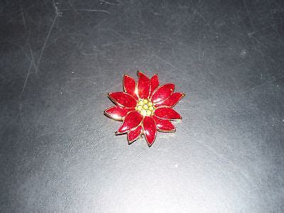 Red Enamel Poinsettia Pin Brooch Gold Signed Sfj Ebay