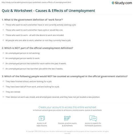 Quiz Worksheet Causes Effects Of Unemployment Study