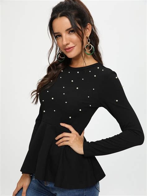 Shein Pearls Beaded Solid Peplum Top Shein Usa