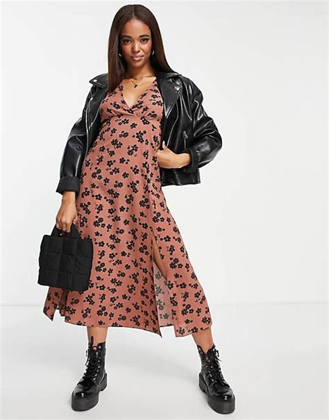 Asos Design Angel Sleeve Midi Dress In Brown Floral Print Asos