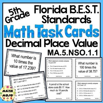 5th Grade Math Task Cards Florida BEST Standard Decimal Place Value MA