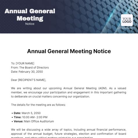 Free Annual General Meeting Notice Template Edit Online And Download