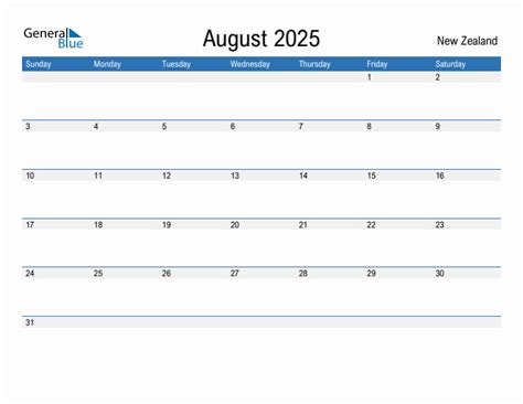 Editable August 2025 Calendar with New Zealand Holidays