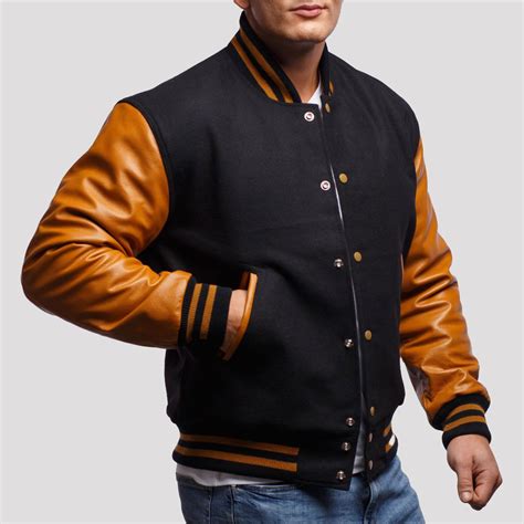 Varsity Base Men Jacket Black Wool Body Old Gold Leather Sleeves Letterman Jacket