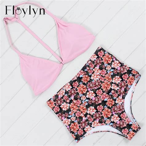 Floylyn High Waist Swimsuit 2017 Bikinis Women Swimwear Floral Print Vintage Retro Bandage Push