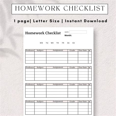 Unlimited Printable Minimalist Homework Checklist Student Tracker