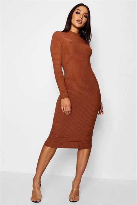 Basics Ribbed High Neck Long Sleeved Midi Dress Boohoo Uk