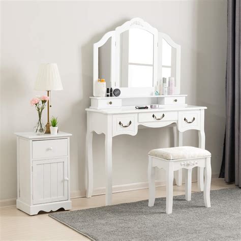 Buy Mecor White Dressing Table With Tri Folding Mirror Vanity Table