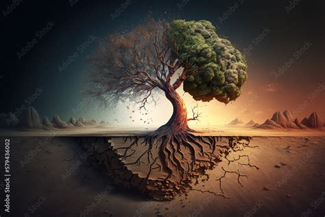 Global Warming Concept With Tree Half Living And The Other Half