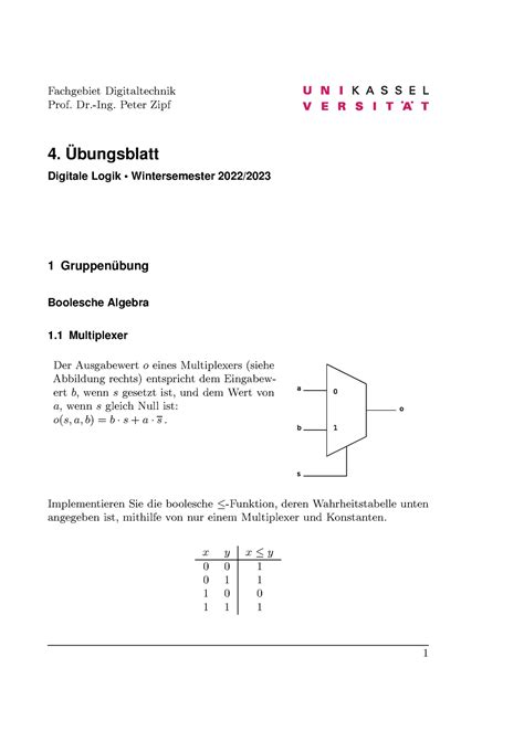 Aufgabenblatt A Bungen Fachgebiet Digitaltechnik Prof Dr Ing