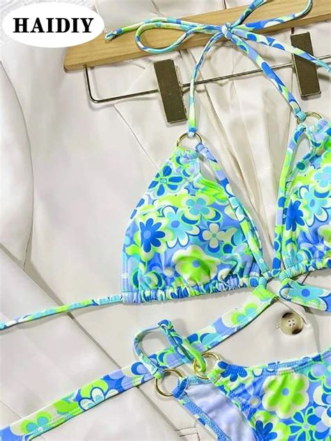 Custom Floral Print Sexy Bandage One Piece Bikini Beachwear Ring Halter Cut Out Swimsuit Women