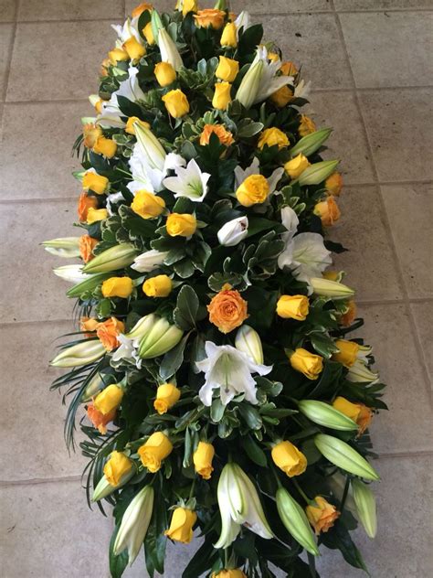 Yellow Roses And White Lilies Coffin Spray Funeral Flowers Memorial