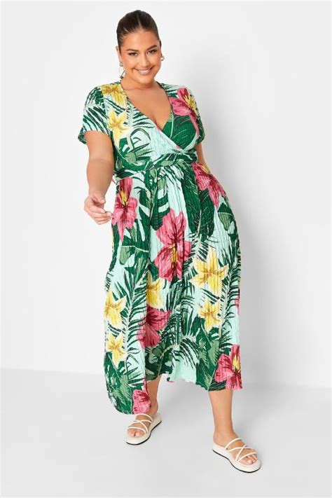 Yours Curve Plus Size Green Pink Tropical Floral Print Wrap Dress