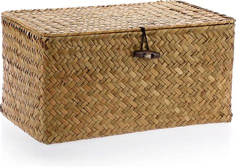 Ignpion Seagrass Storage Basket With Lid Woven Seagrass Desktop Basket