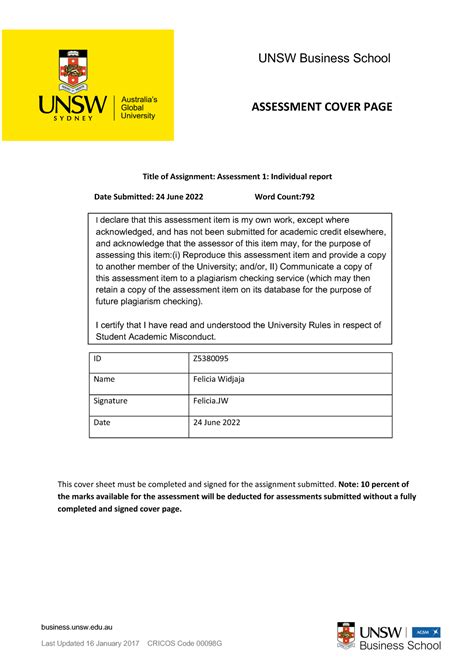 Individual Assessment Cover Sheet Assessment Cover Page Unsw