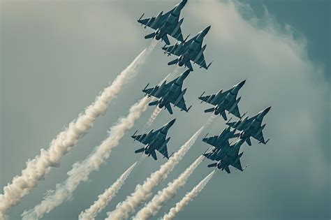 Premium Photo A Group Of Fighter Jets Flying Through A Cloudy Sky