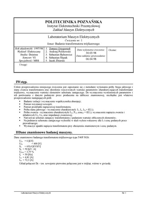 Badanie Transformatora Tr Jfazowego Maszyny Elektryczne