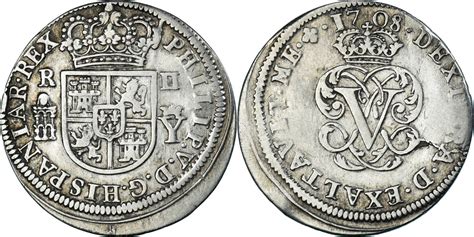 Spain 2 Reales 1708 Segovia Coin Philip V Segovia Silver Km275 Ef