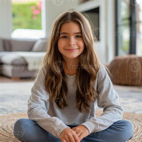 A Cheerful Young Girl Smiles While Sitting Cross-legged on the Floor in