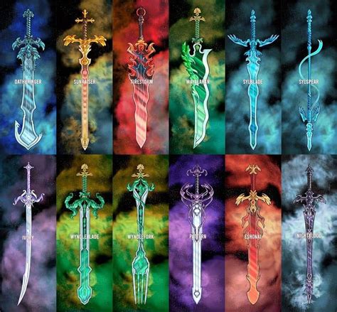 Nine Different Colored Swords With The Names Of Them In Their