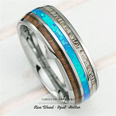 Tungsten Carbide Ring With Koa Wood Blue Opal And Antler Tri Inlay 8m