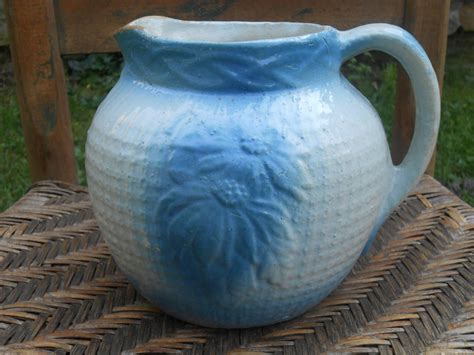 Antique Blue And White Stoneware Pitcher Jug With Floral Etsy